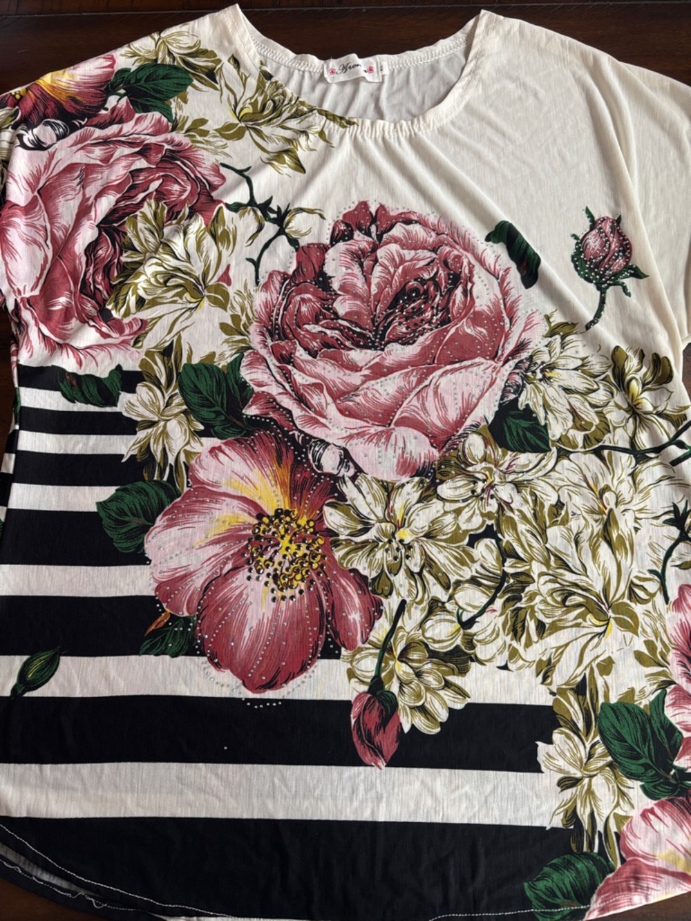 Floral Striped Short-Sleeve Blouse - Pink & Black